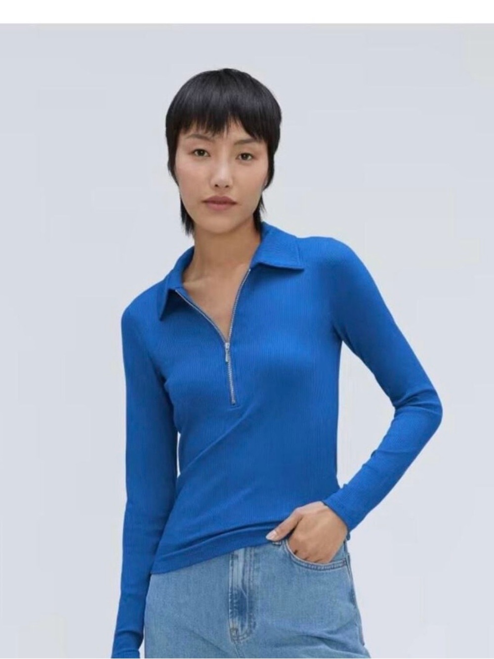 Everlane Cobalt Blue Ribbed Zip-Front Long Sleeve Top